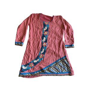 Vintage Boho Floral Embroidered Mini Dress | 3/4 Sleeve | Size Small